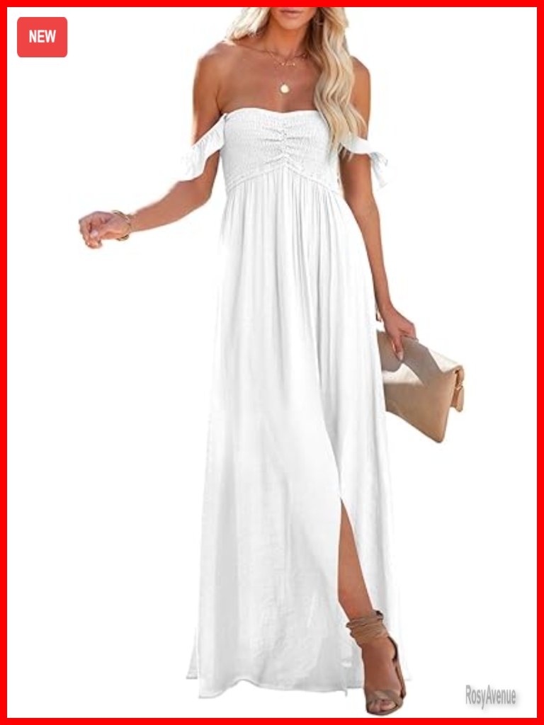 Off Shoulder Smocked Maxi Dress Ruffle Short Sleeve A Line Side Slit